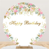 Lofaris Round Pink Flowers Golden Leaves Happy Birthday Backdrop